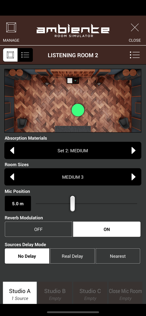 Interface of the Ambiente Room Simulator in the SWAM Viola Section app showing room acoustics and microphone positioning controls.