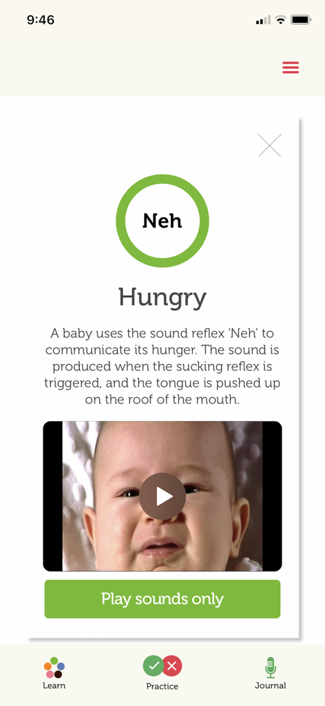 Educational screen in the Dunstan Baby app explaining the Neh sound for baby hunger