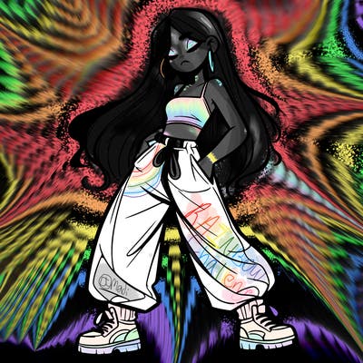 girl in baggy pants crop top and long hair