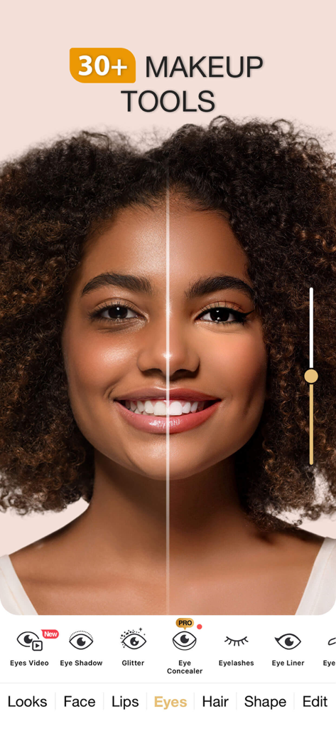 Comparação lado a lado mostrando efeitos de maquiagem virtual antes e depois em uma modelo