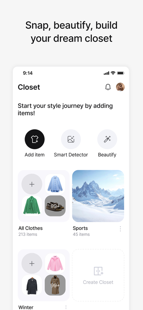Acloset - AI Fashion Assistant - Interfaccia dell'app Acloset che mostra categorie di guardaroba digitale organizzate e strumenti per aggiungere o abbellire capi di abbigliamento.