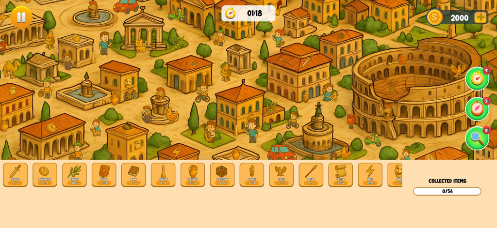A hidden object game screen showing an ancient Rome themed level with various items to find.