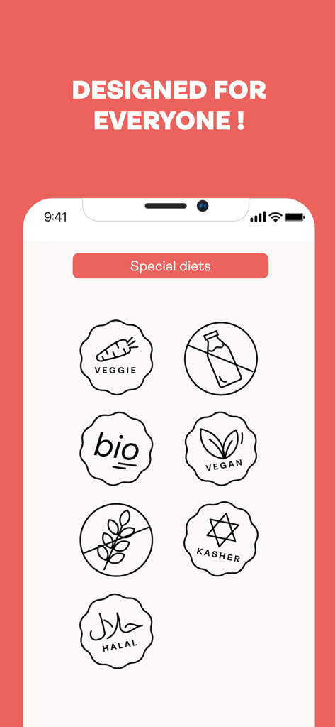 Phenix 앱 인터페이스로, 채식, 비건, 바이오, 글루텐 프리, 코셔, 할랄 음식에 대한 식이 필터 아이콘을 보여줍니다.