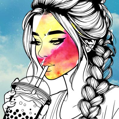 realistic girl drinking boba tea with braided hair