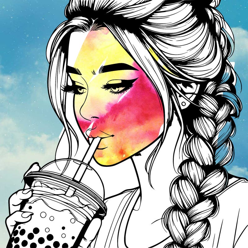 realistic girl drinking boba tea with braided hair