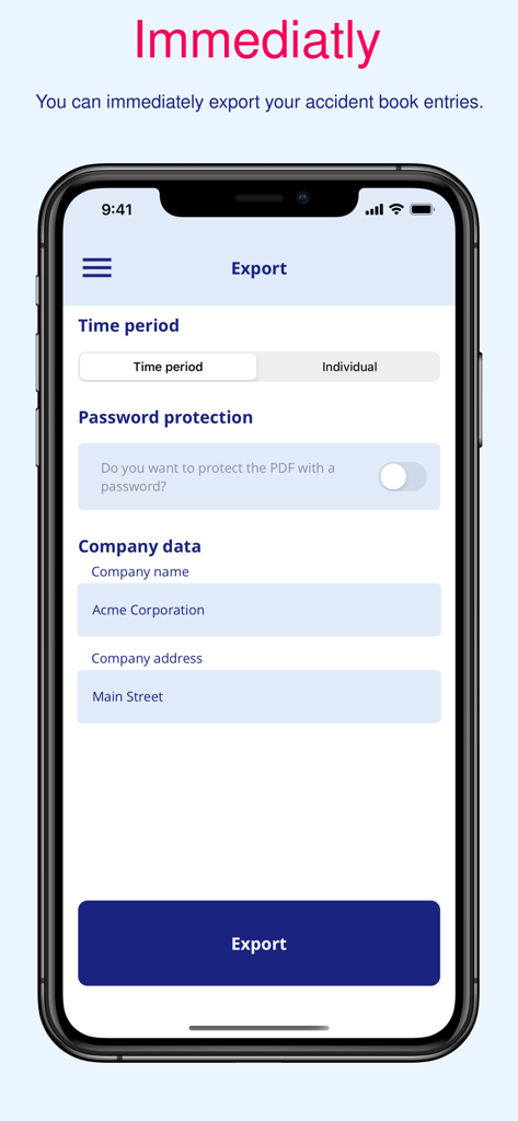 Accident book - Export screen of the Accident book app showing options to generate digital first aid reports with password protection and company details.