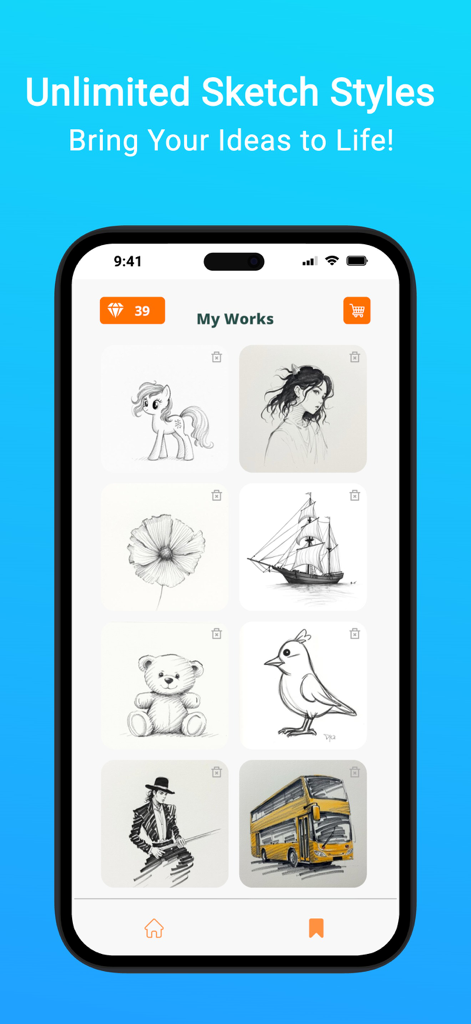 EasyDrawing AR: Sketch & Trace - L'écran Mes œuvres de l'application EasyDrawing AR montrant une grille de différents croquis comme des animaux, des personnes et des objets