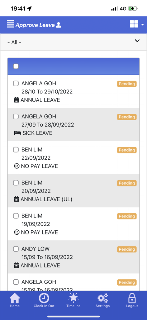 TIMES Mobile Pro - Angela Goh, Ben Lim 등 직원들의 보류 중인 휴가 요청을 보여주는 휴가 승인 화면 스크린샷