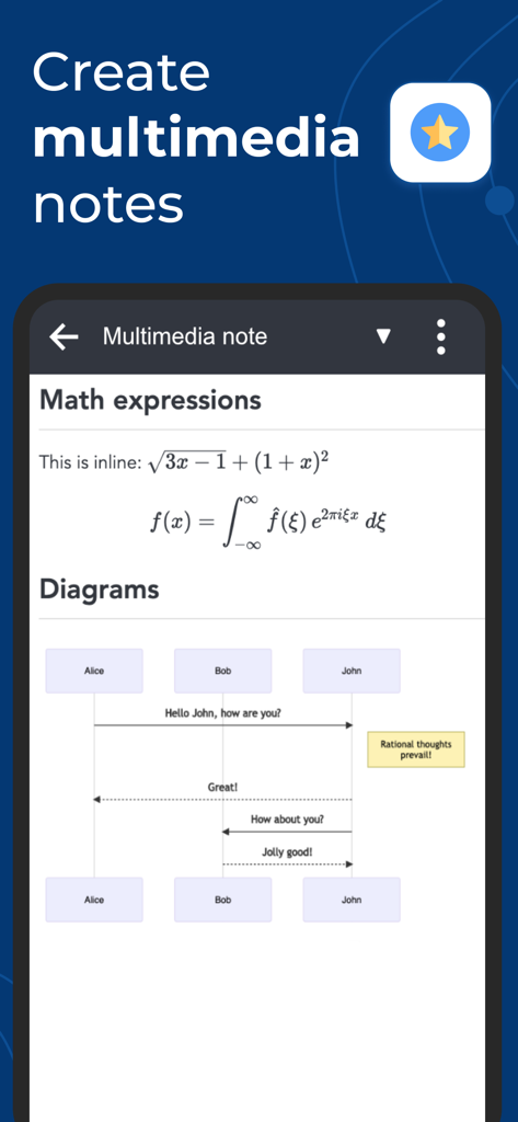 Captura de pantalla de la aplicación Joplin que muestra expresiones matemáticas y diagramas de secuencias en una nota multimedia