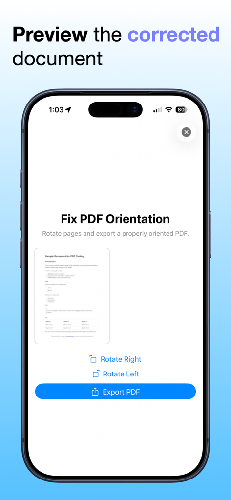 Tela do aplicativo do iPhone mostrando a interface Girar PDF com opções para girar documentos e exportar.