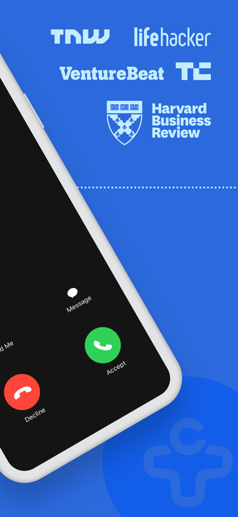 Contacts+ | Address Book - Smartphone displaying an incoming call interface with logos from Harvard Business Review and TechCrunch
