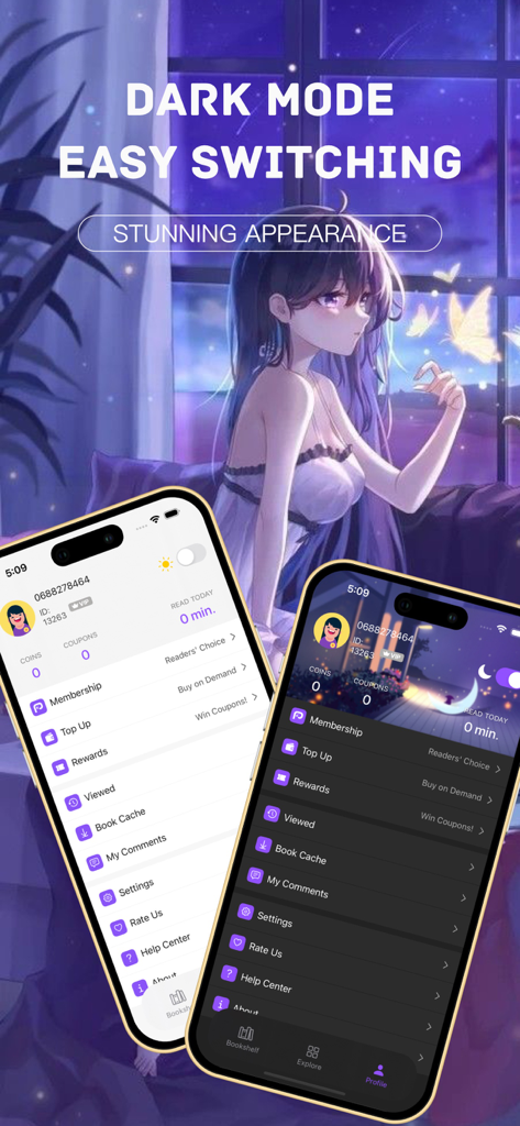 Puppr Novel -Romance & Fantasy - Comparación de las pantallas de perfil en modo claro y oscuro de la aplicación Puppr Novel en dispositivos móviles