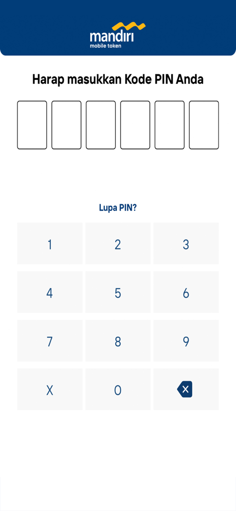 Mandiri Mobile Token secure PIN entry interface with numeric keypad