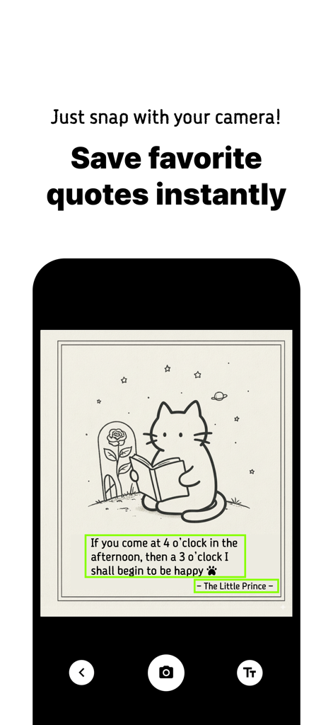 Cat's Library - Interfaccia dell'app Libreria Felina che mostra una funzione OCR della fotocamera che cattura una citazione di un libro accanto a un'adorabile illustrazione di un gatto