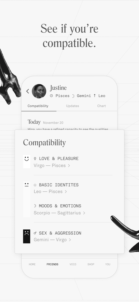 Écran de compatibilité zodiacale dans l'application d'astrologie Co-Star montrant des informations sur les relations basées sur les données de la NASA.