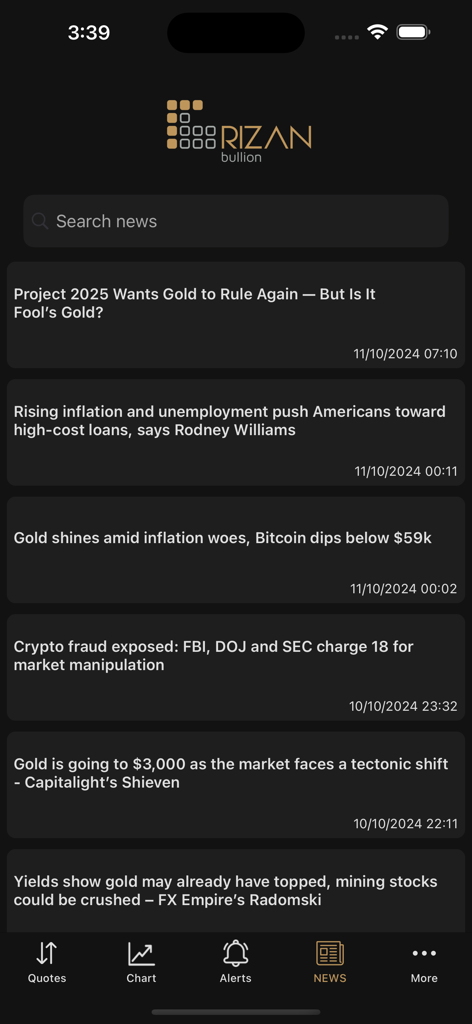 Rizan Bullion Pro - Rizan Bullion Pro app news section showing financial headlines and gold market trends