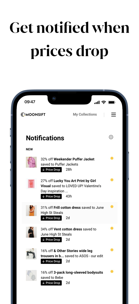 A smartphone screen showing the Moonsift app notifications for price drops on saved items like clothing and home decor