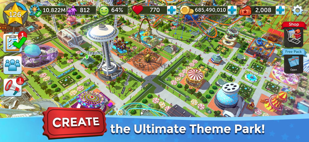 Overhead view of a colorful 3D amusement park in RollerCoaster Tycoon Touch with various rides and coasters