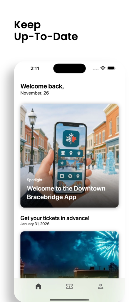 A mobile app interface for Downtown Bracebridge showing the welcome screen with event updates and festival ticket options