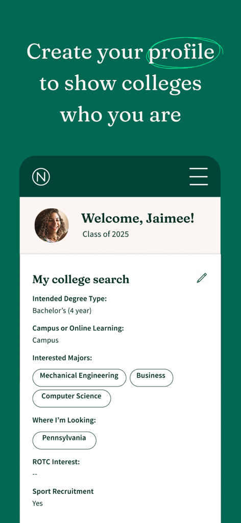 A student profile page on the Niche college search app showing personal interests and education goals