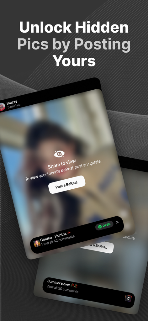 BeReal app screen showing blurred friend posts with a prompt to post your own photo to unlock and view them.