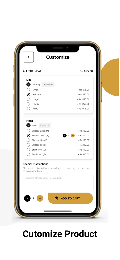 Downtown Bistro - Interfaz de la aplicación Downtown Bistro para personalizar un pedido de pizza con opciones de tamaño y masa.