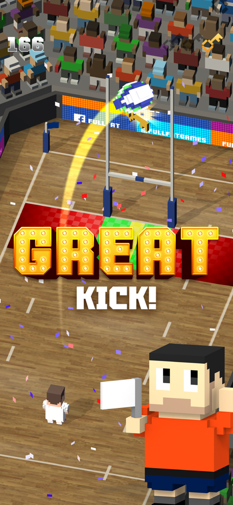 A successful kick through the goalposts in Blocky Rugby with Great Kick text on screen.