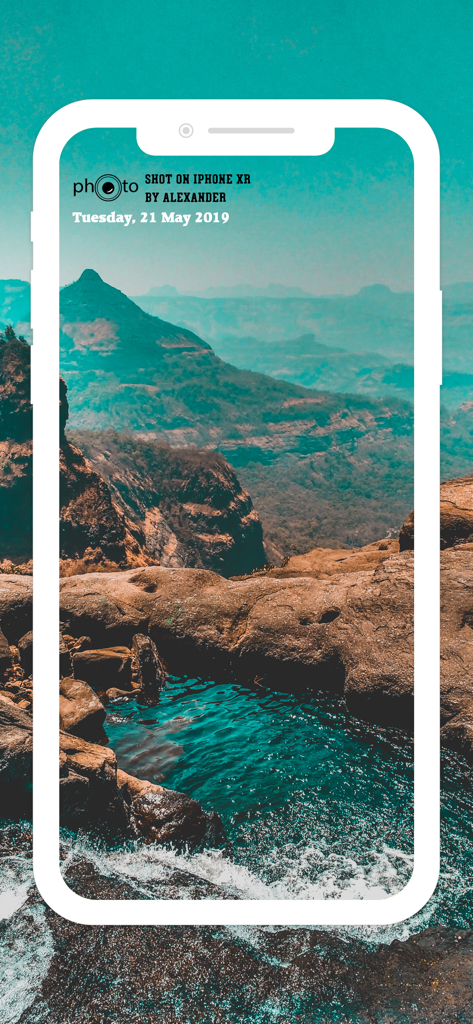 Landscape photo with Shot On iPhone XR watermark and name