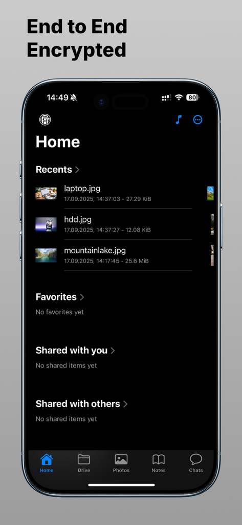 Filen app home screen showing end to end encrypted files in dark mode