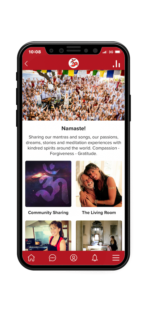 Home screen of Deva and Miten Gayatri Sangha app for spiritual connection and community sharing