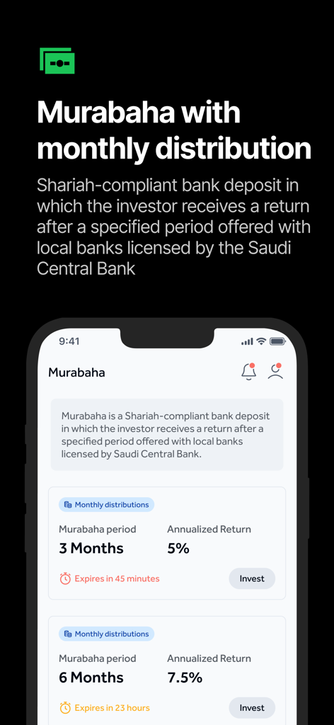 Awaed - Invest & Trade - Awaed app interface displaying Sharia compliant Murabaha investment plans with monthly distributions and annualized returns