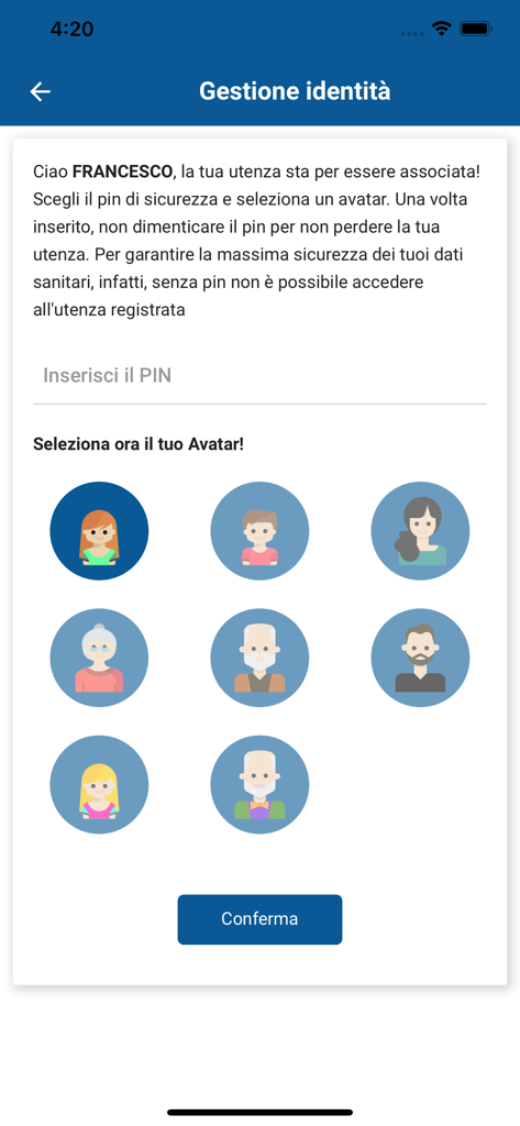 Identity management screen in the Toscana Salute app where users select an avatar and enter a security PIN