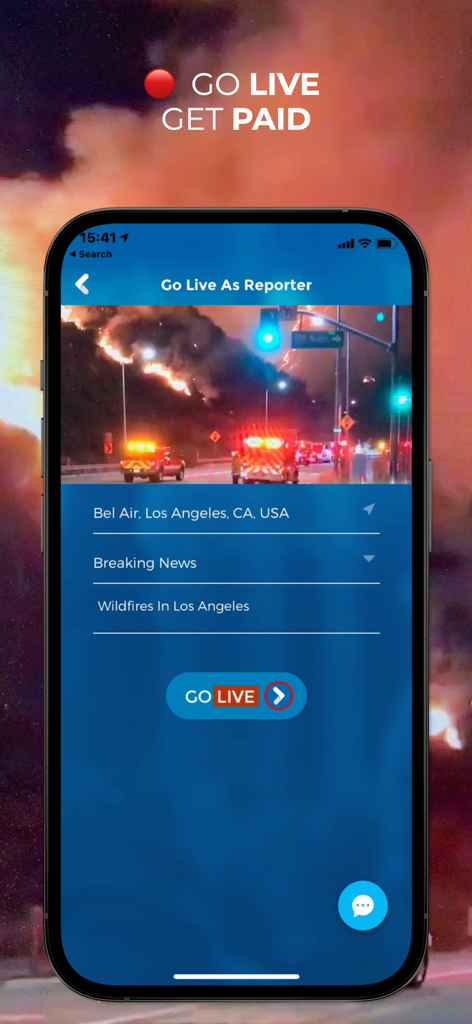 LiveTube app interface showing a reporter preparing to stream a breaking news wildfire to earn cash