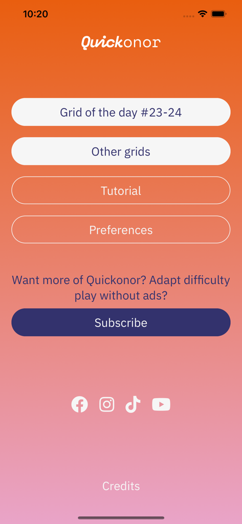 Quickonor by Tetonor - Main menu of Quickonor app showing options for Grid of the day, Tutorial, and Preferences against an orange gradient background