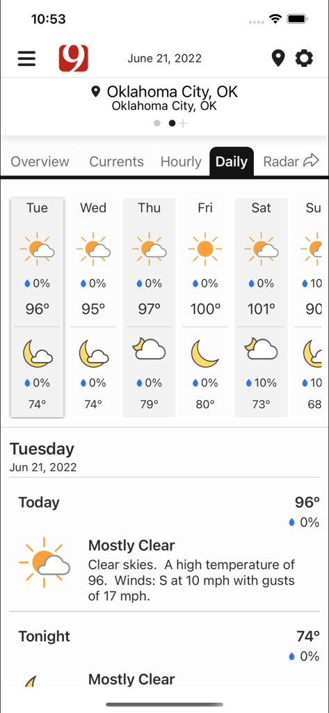 Daily weather forecast for Oklahoma City on the News 9 Weather mobile app showing a weekly outlook.