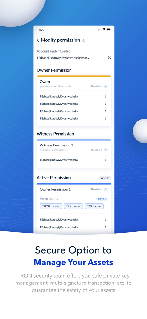Tronlink: TRX & BTT Wallet - Tronlink mobile app interface for managing wallet permissions and secure asset control