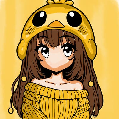 anime girl with chick shaped hat with sweater with bare shoulders with bangs covering them one eye with low tail