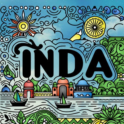 write india in english with hindi style and color with royal blue