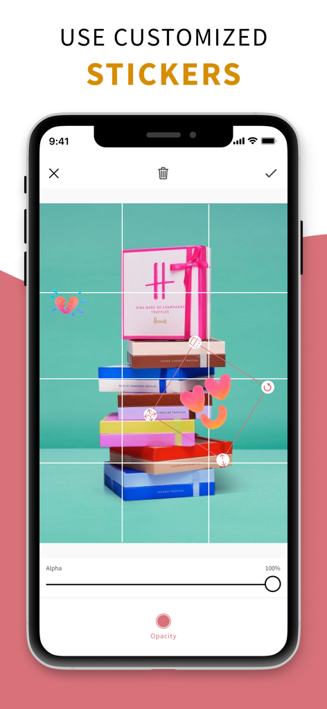 Grid Maker - Gridzilla - Editando stickers en una cuadrícula de fotos de nueve cuadrados en la aplicación Gridzilla