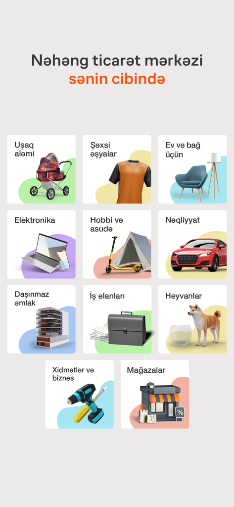 Tap.az app interface showing shopping categories including electronics real estate and transport