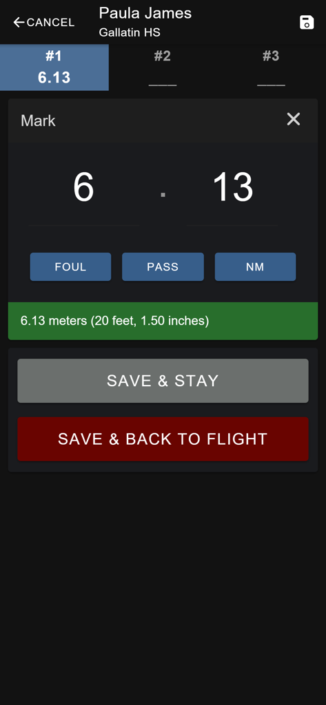 Digital entry screen for recording field event results and athlete marks in the AthleticFIELD app