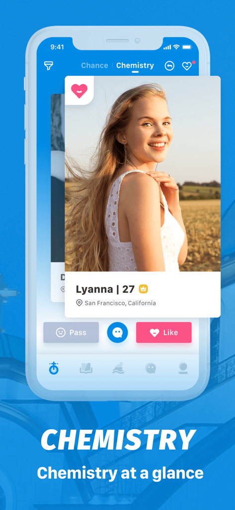 CFish Christian dating app interface showing the Chemistry profile matching screen