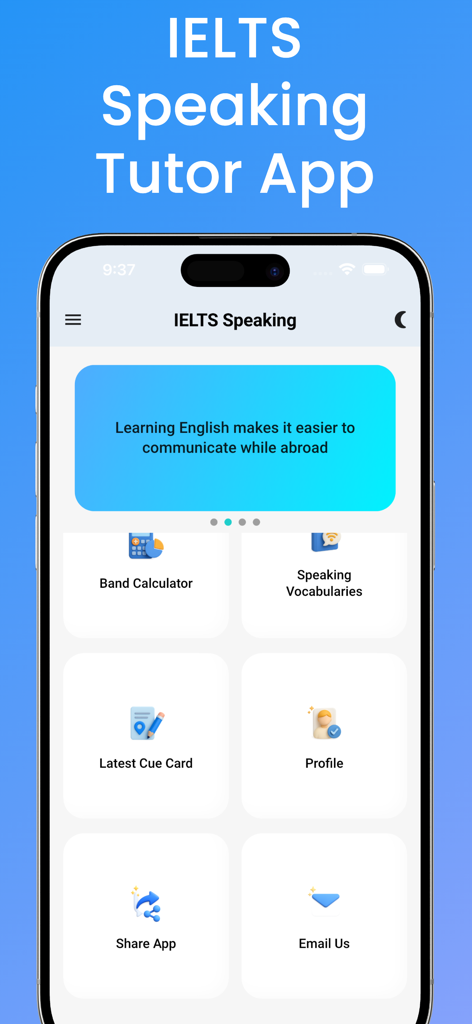 IELTS Speaking Prep 2026 - Home screen of IELTS Speaking Prep app featuring study tools like a band calculator and latest cue cards.