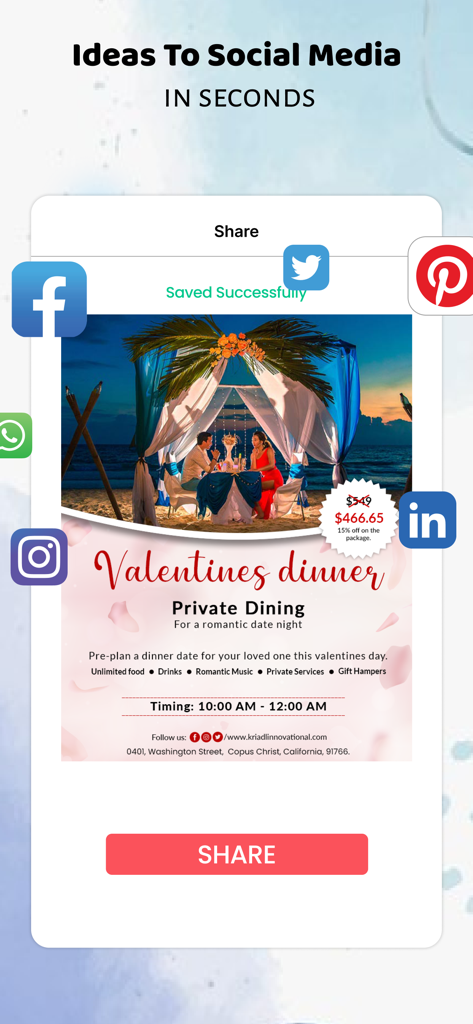 Kriadl app interface showing a Valentines dinner flyer ready for social media sharing.
