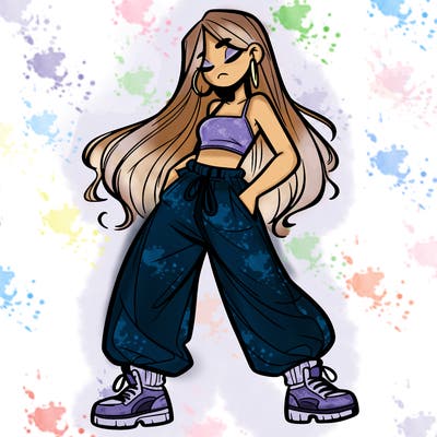 girl in baggy pants crop top and long hair