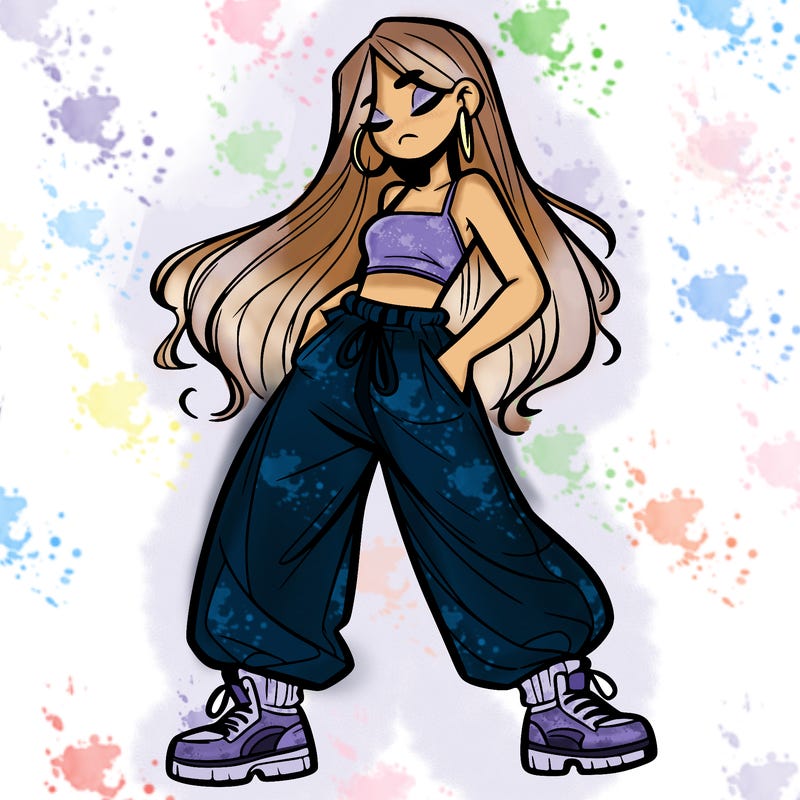 girl in baggy pants crop top and long hair