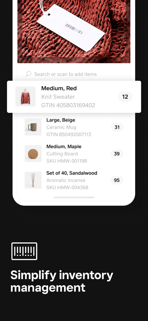 Square for Retail app interface showing inventory management with stock levels and barcode scanning.