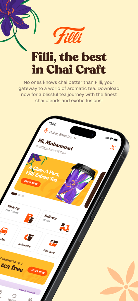 FiLLi - Smartphone displaying the FiLLi app interface with pickup and delivery options for premium tea