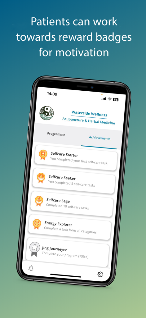 Pantalla de la aplicación Jing que muestra insignias de recompensa motivacionales para los logros de autocuidado del paciente