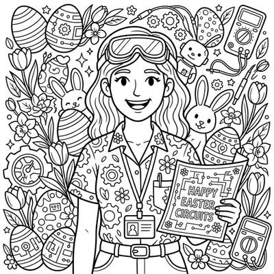 Dive into a uniquely festive coloring experience with this engaging page featuring a cheerful engineer celebrating Easter. Discover a delightful blend of gears, circuits, bunnies, and blossoming spring flowers, all waiting for your creative touch.